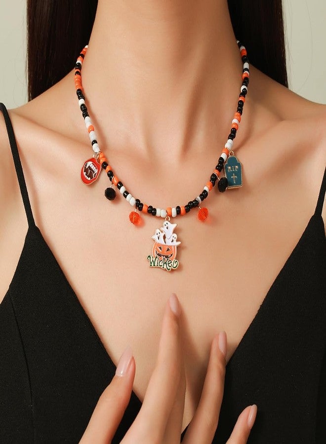 PINCHUAN Halloween Choker Necklace for Women Gothic Cute Colorful Beaded Necklace Halloween Pumpkin/Ghost/Spider Charm Necklace Halloween Choker Necklace Halloween Costume Party Jewelry Gifts-wicked - Image 3